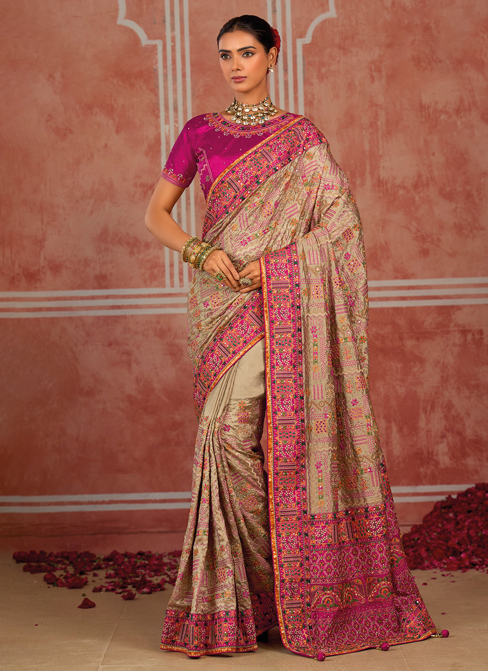 Silk Diamond Mirror Work Brown Designer Reception Saree - Buy Online