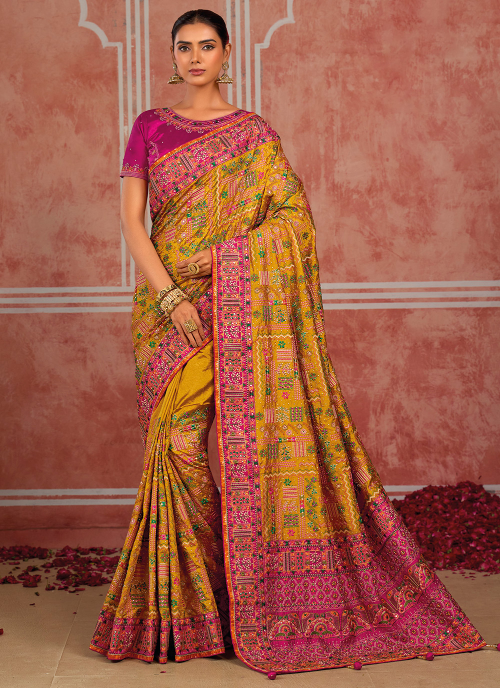 Mustard Mirror and Diamond Work Silk Traditional Saree for Wedding - Buy Online