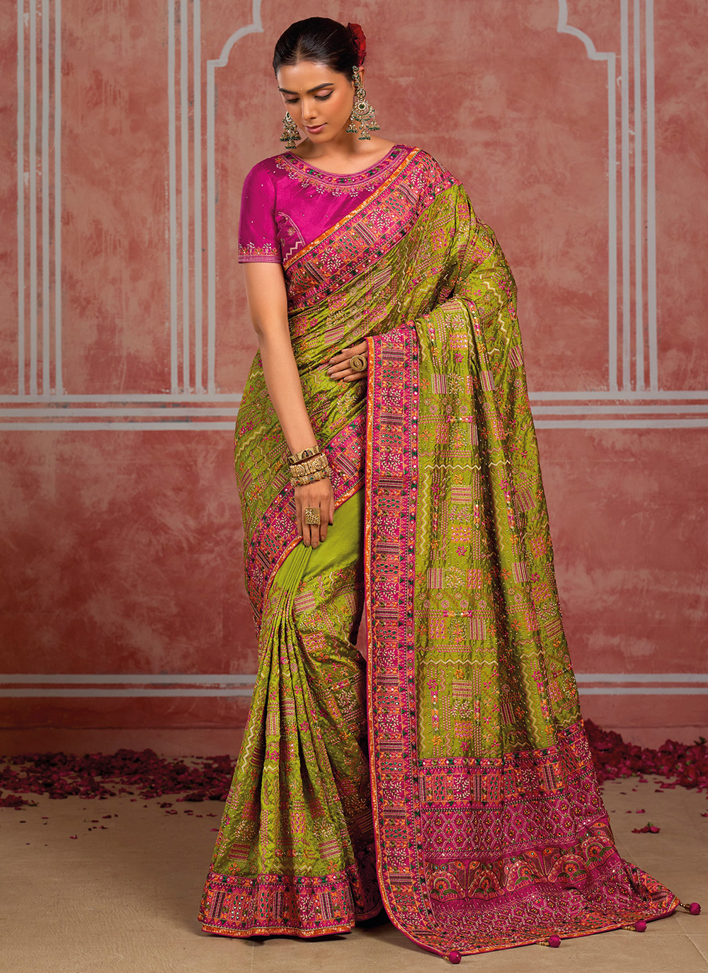 Silk Green Diamond and Mirror Work Festival Trendy Saree - Buy Online