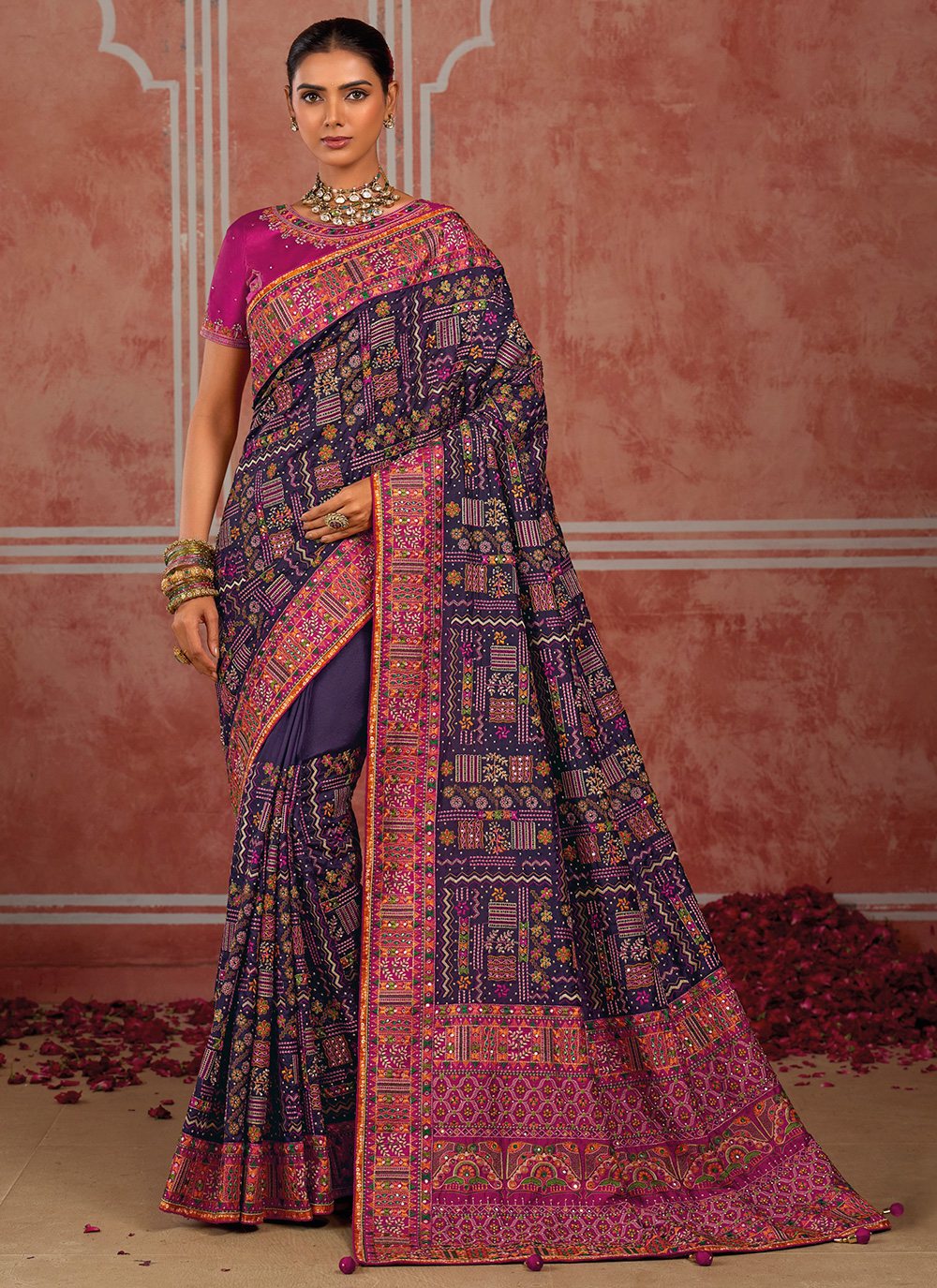 Purple Diamond and Mirror Work Silk Designer Ceremonial Saree - Buy Online