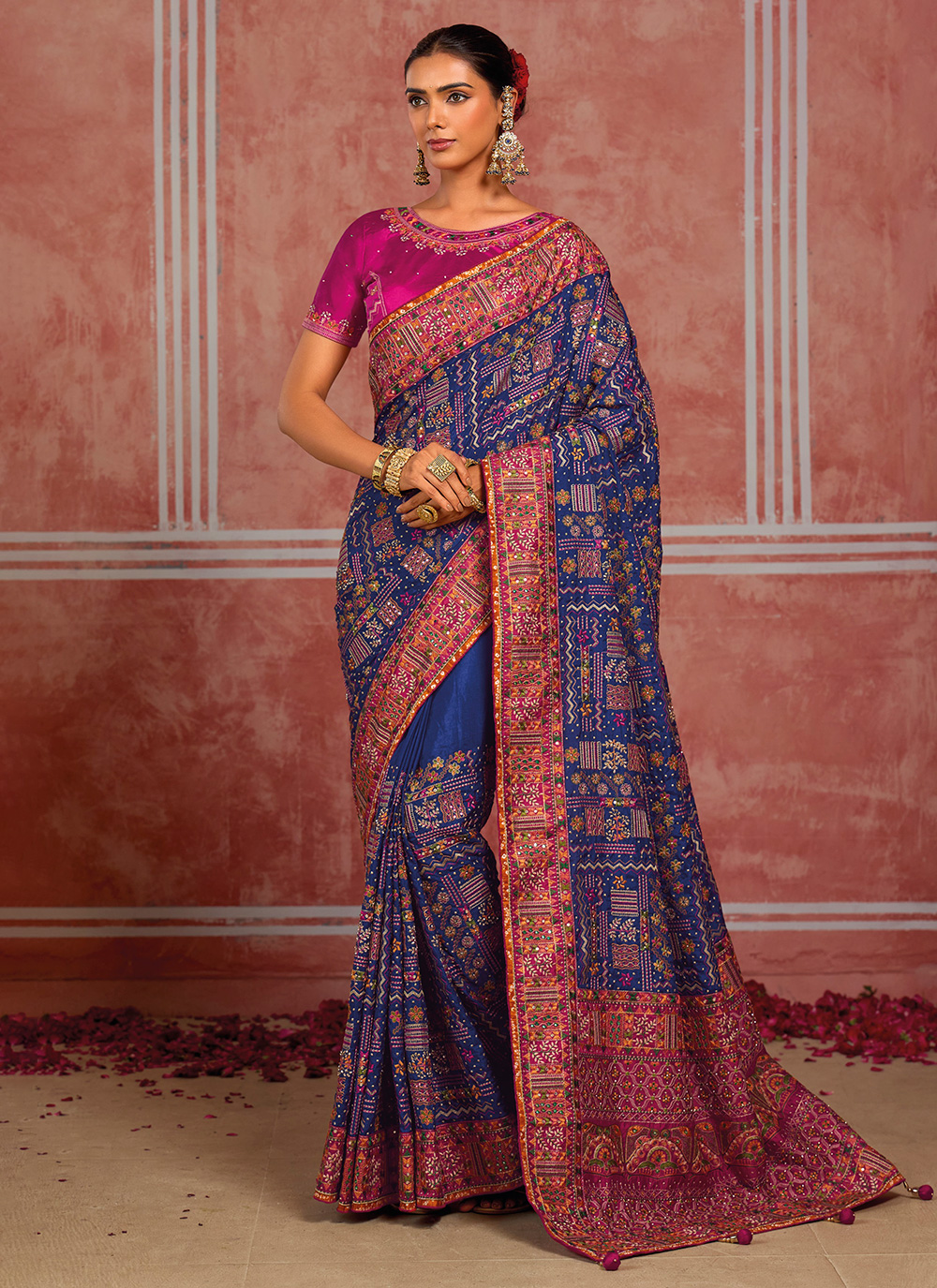 Blue Silk Classic Wedding Saree With Mirror and Diamond Work - Buy Online