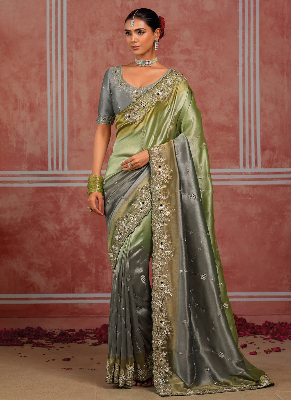 Silk Green and Grey Cutdana Moti Stone Zari Work Designer Saree for Reception - Buy Online