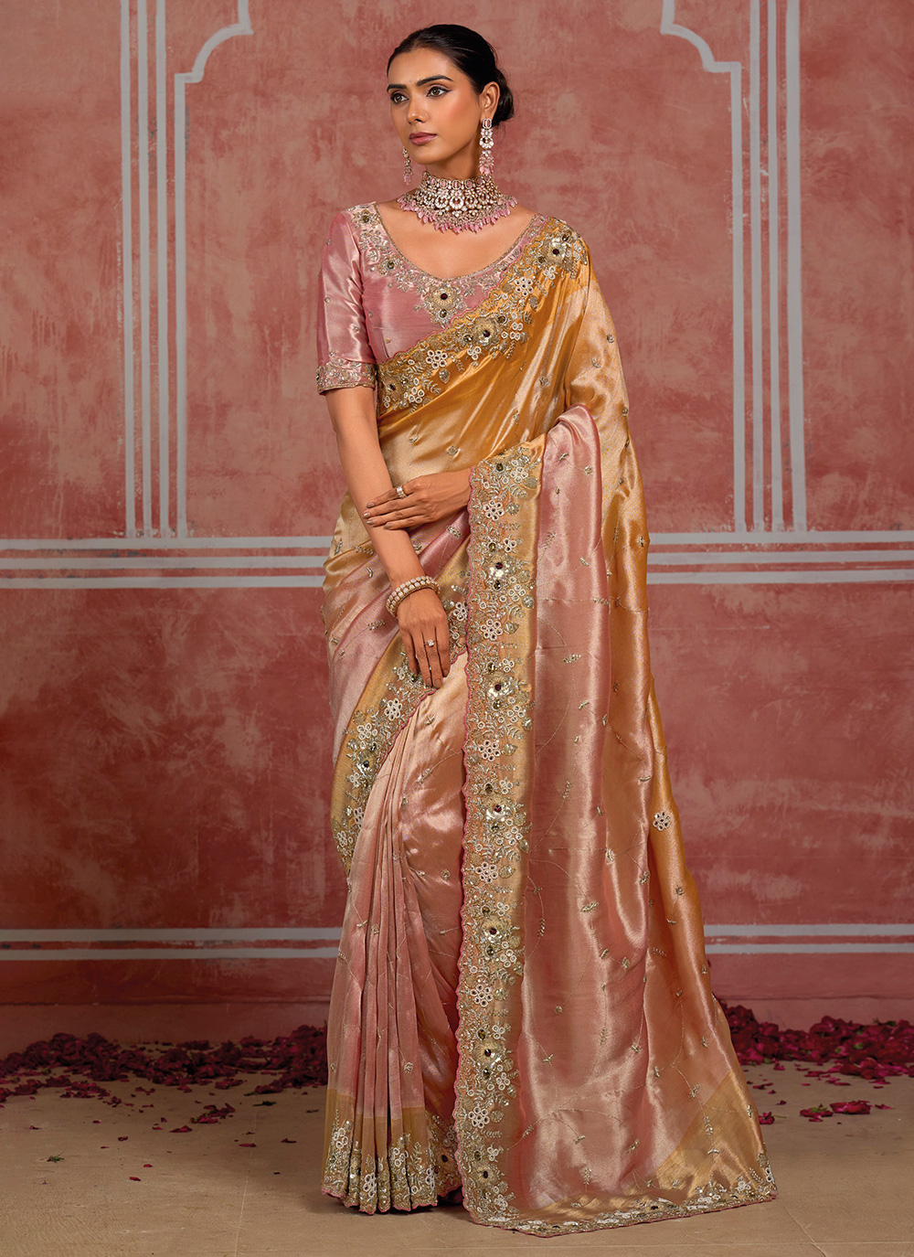 Gold and Pink Stone Zari Cutdana Moti Work Silk Trendy Wedding Saree - Buy Online