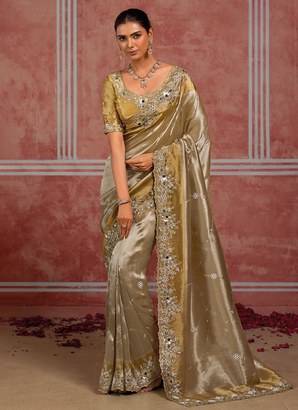 Silk Gold and Silver Zari Stone Work Contemporary Bridal Saree - Buy Online