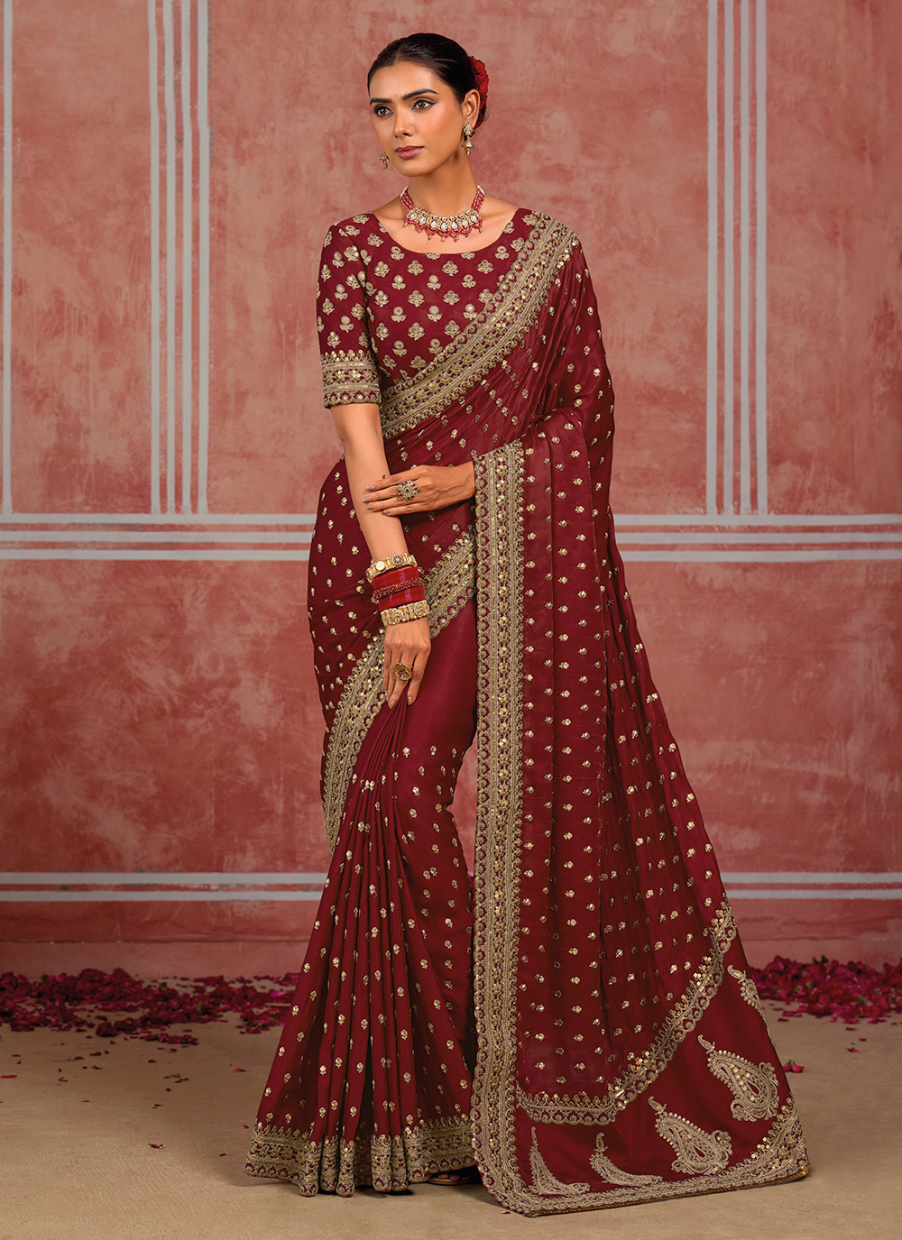Maroon Sequins Zari Work Silk Designer Saree for Bride - Buy Online