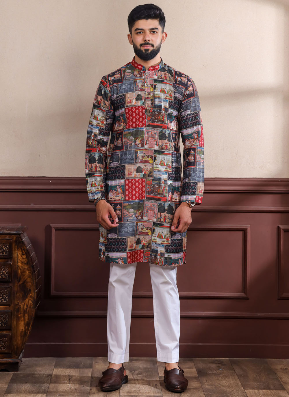 Black Cotton Digital Print and Woven Kurta Pyjama - Buy Online