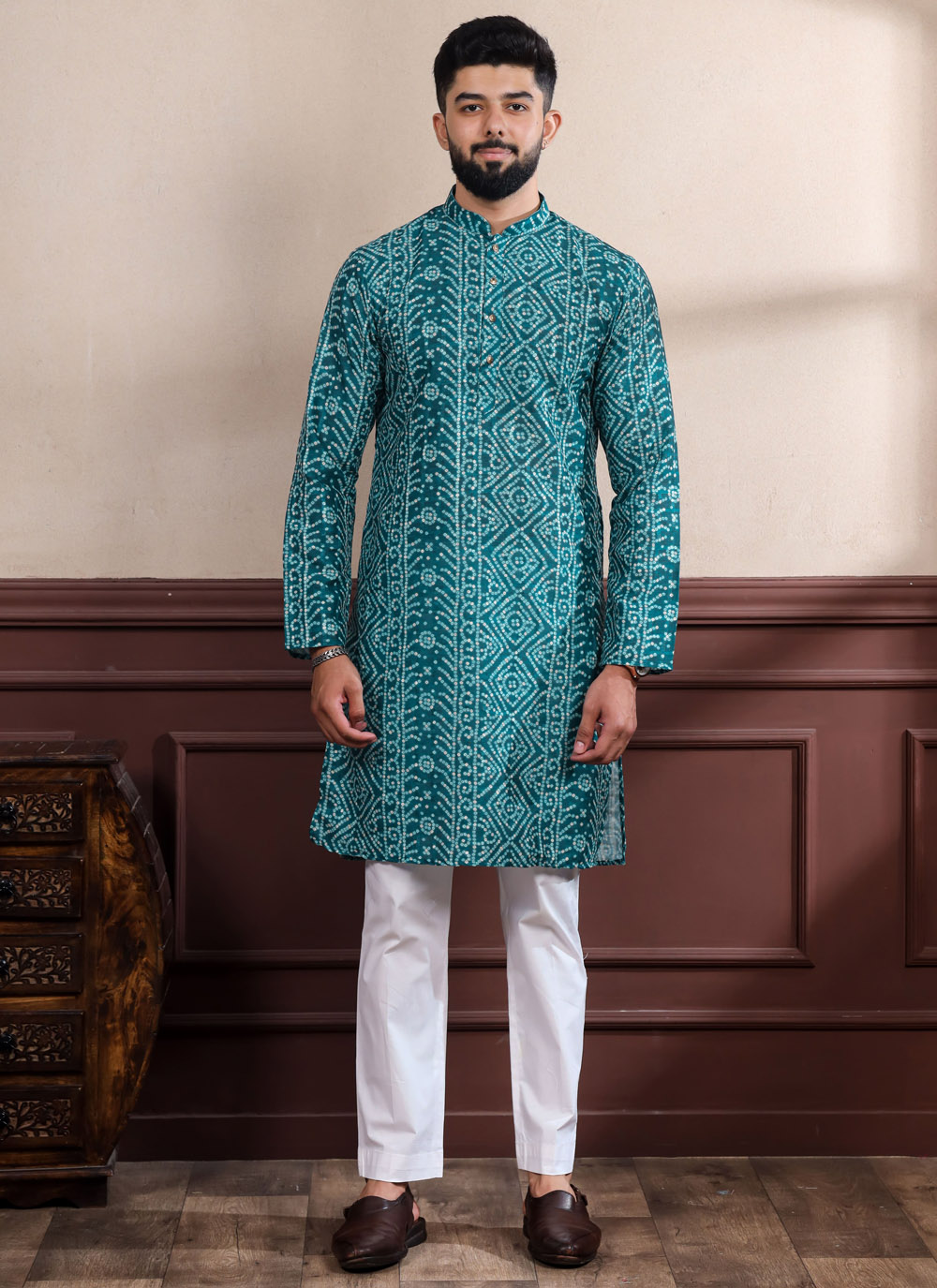 Cotton Rama Woven and Digital Print Festive Kurta Pyjama - Buy Online
