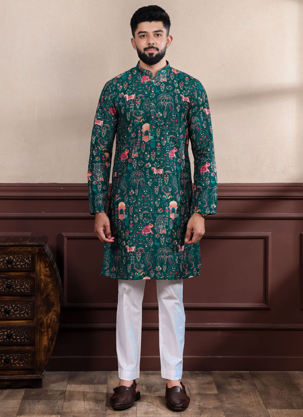 Green Woven and Digital Print Cotton Men's Cotton Kurta Set - Buy Online