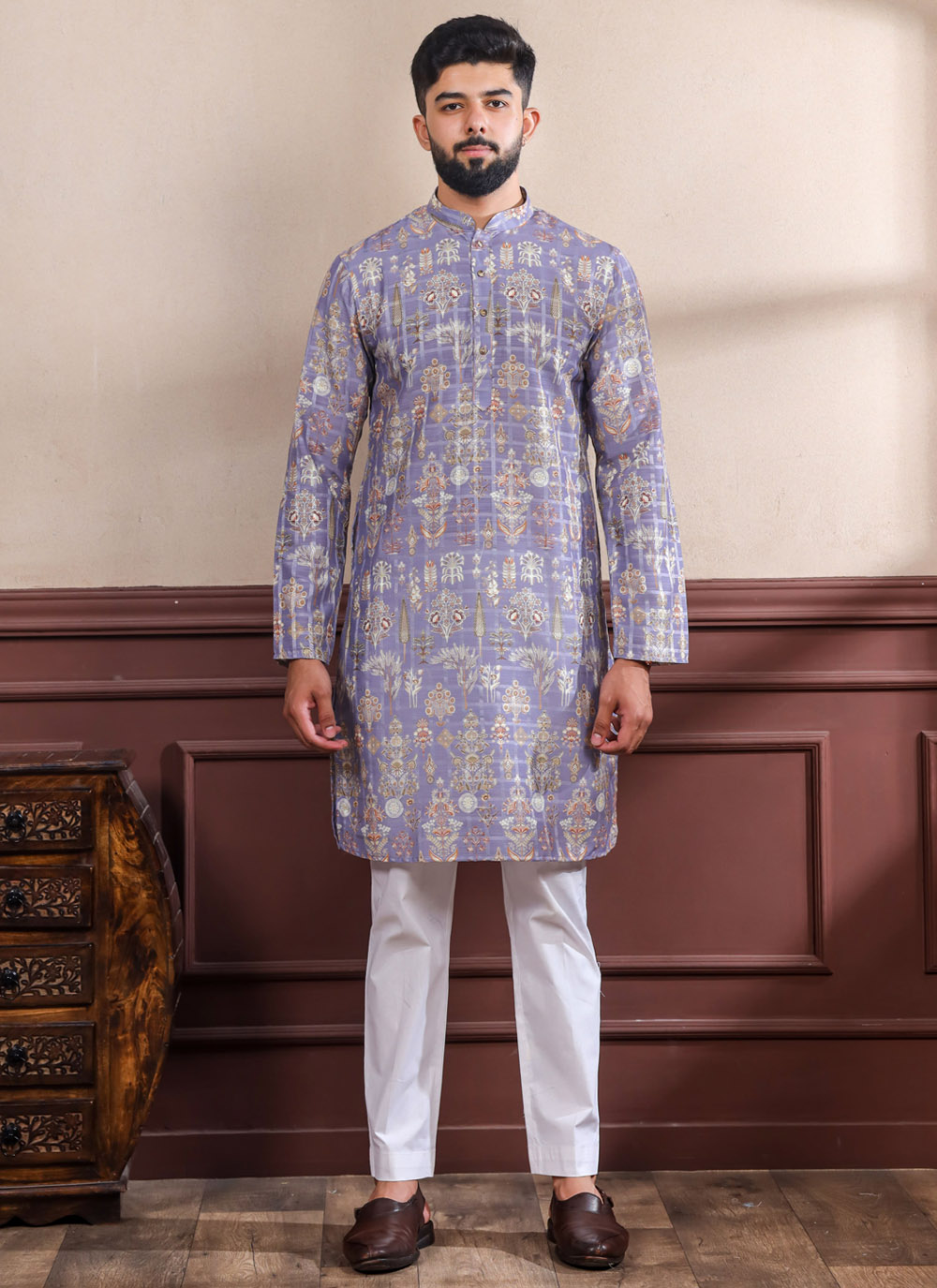 Cotton Digital Print Work Kurta Pyjama in Lavender - Buy Online
