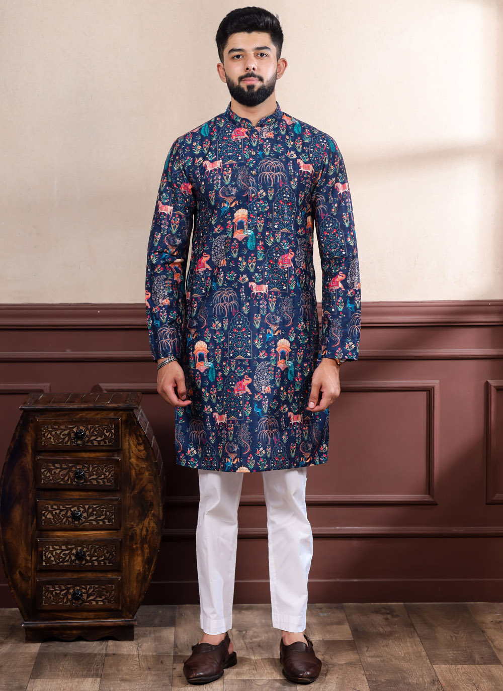 Blue Woven and Print Work Cotton Kurta Pyjama for Festival - Buy Online