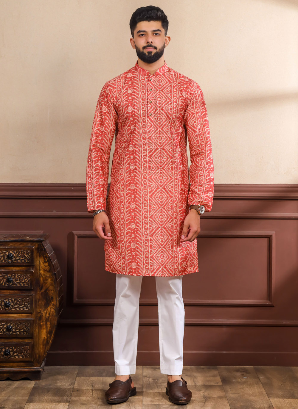 Cotton Orange Digital Printed Kurta Pyjama - Buy Online