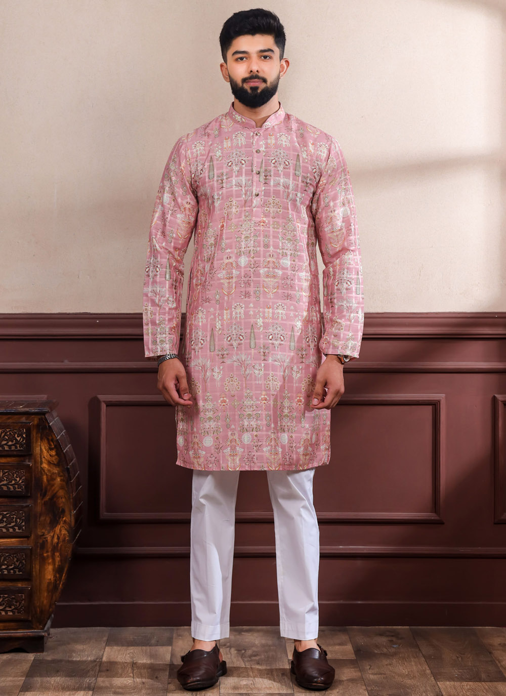 Cotton Woven and Digital Print Pink Engagement Kurta Pyjama - Buy Online