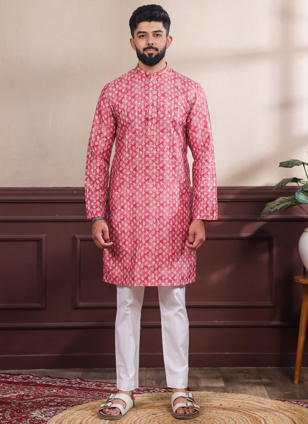 Red and Pink Woven Work Cotton Men's Kurta Set - Buy Online