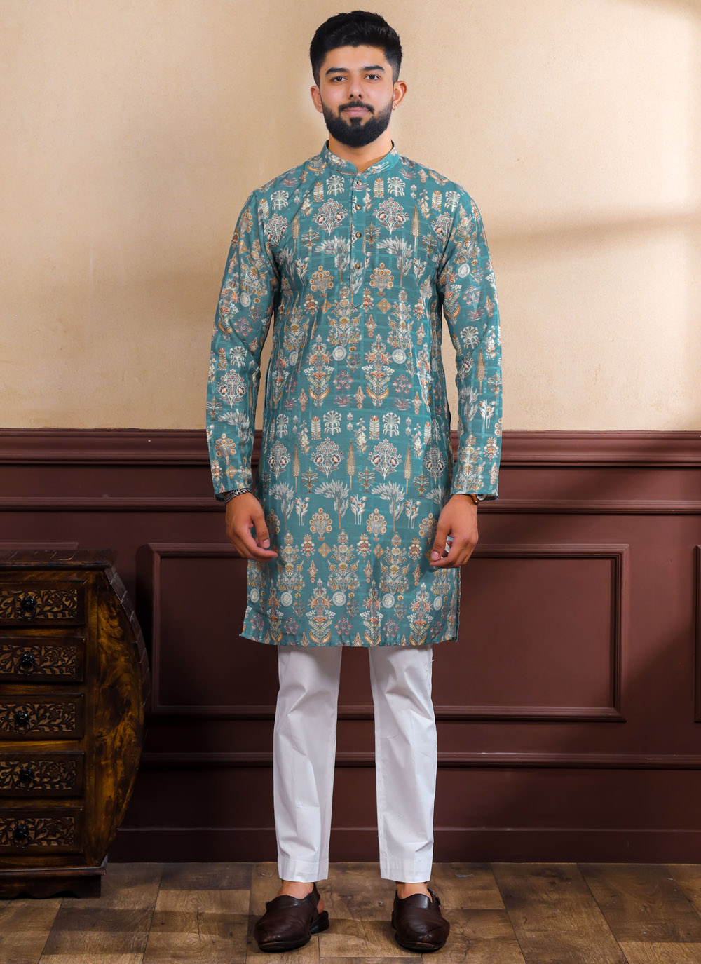 Digital Printed Teal Cotton Wedding Function Kurta Pyjama - Buy Online