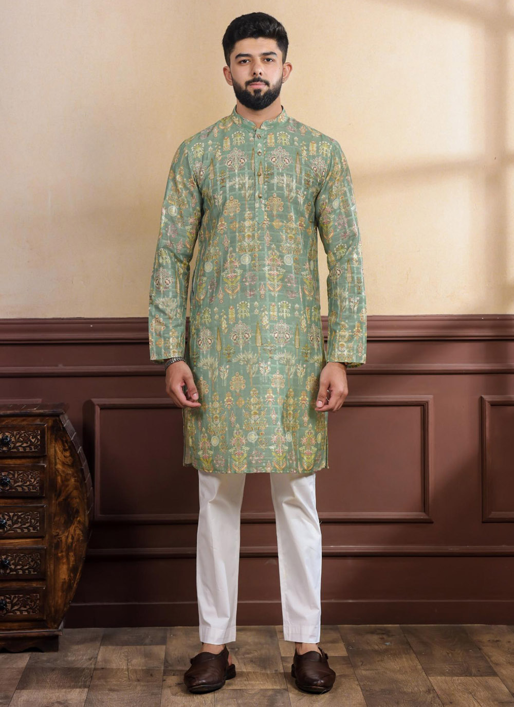 Green Woven and Digital Printed Cotton Ethnic Kurta for Men - Buy Online