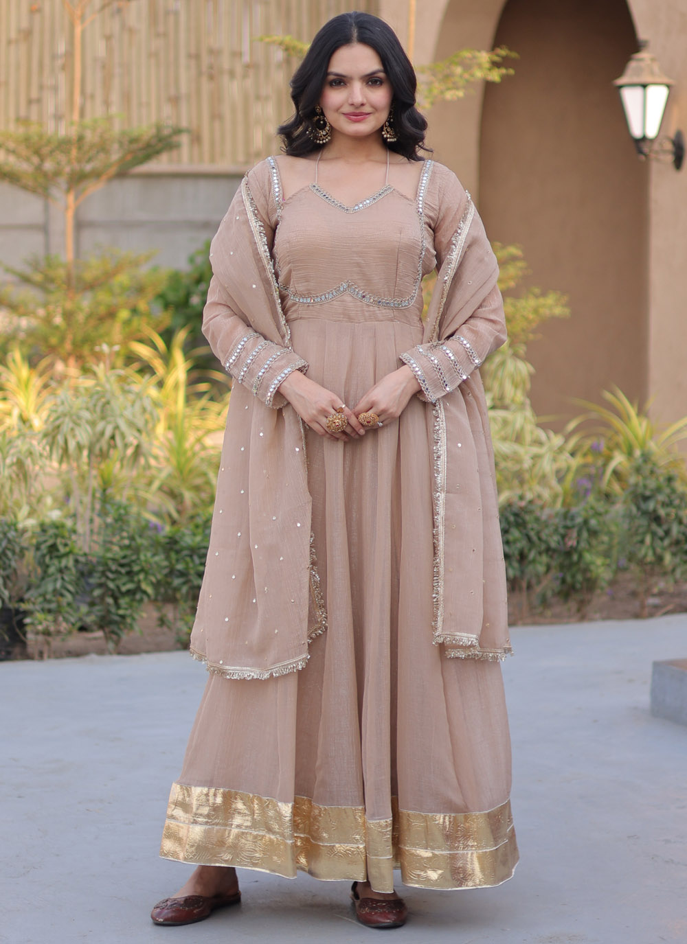 Cream Crunchy Fabric Mirror and Lace Work Readymade Gown