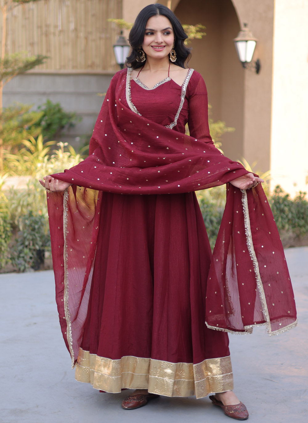 Maroon Lace and Mirror Work Crunchy Fabric Designer Gown - Buy Online
