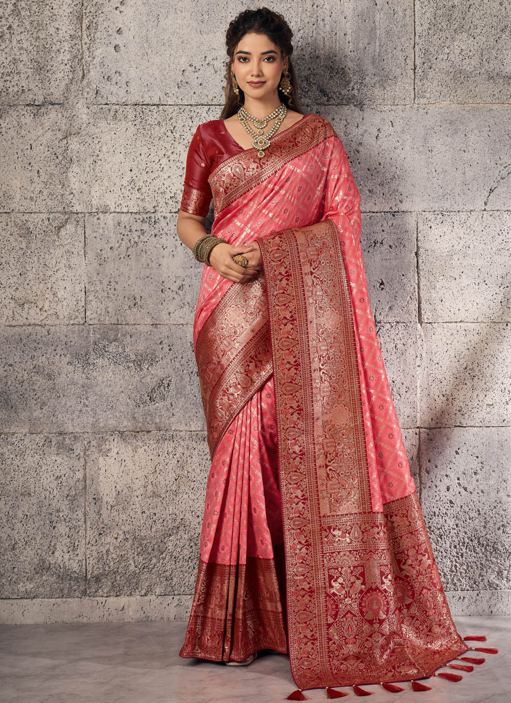 Pink Banarasi Silk Meenakari Zari Woven Designer Saree - Buy Online