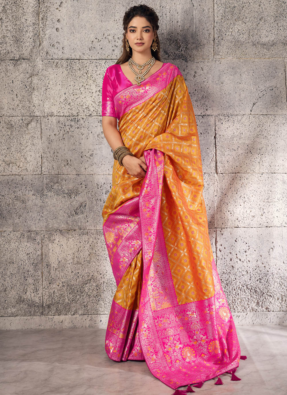 Yellow Woven Zari Meenakari Traditional Banarasi Silk Saree - Buy Online