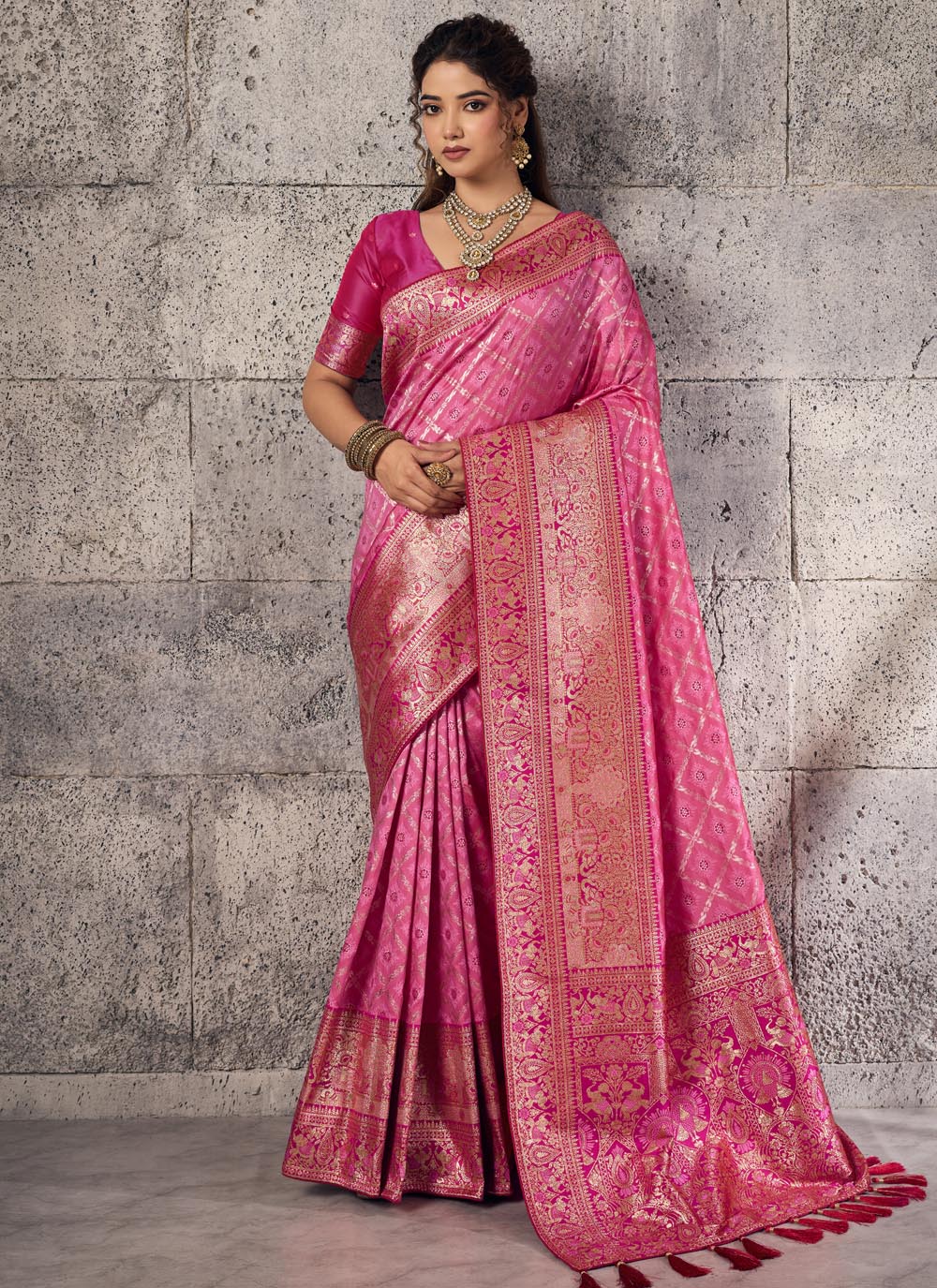 Pink Meenakari Zari Woven Banarasi Silk Contemporary Saree - Buy Online