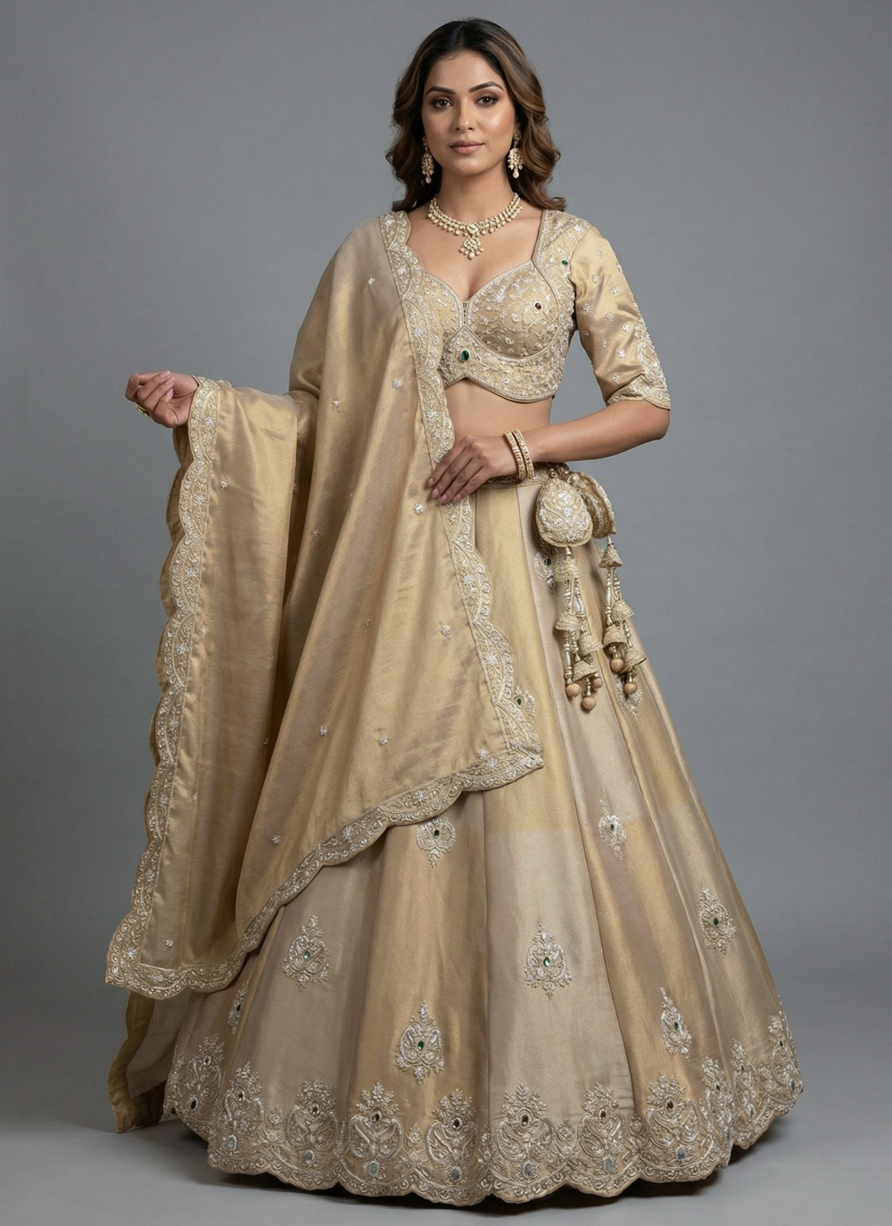 Gold Color Tissue Silk Beads Embroidered Wedding Lehenga Choli - Buy Online