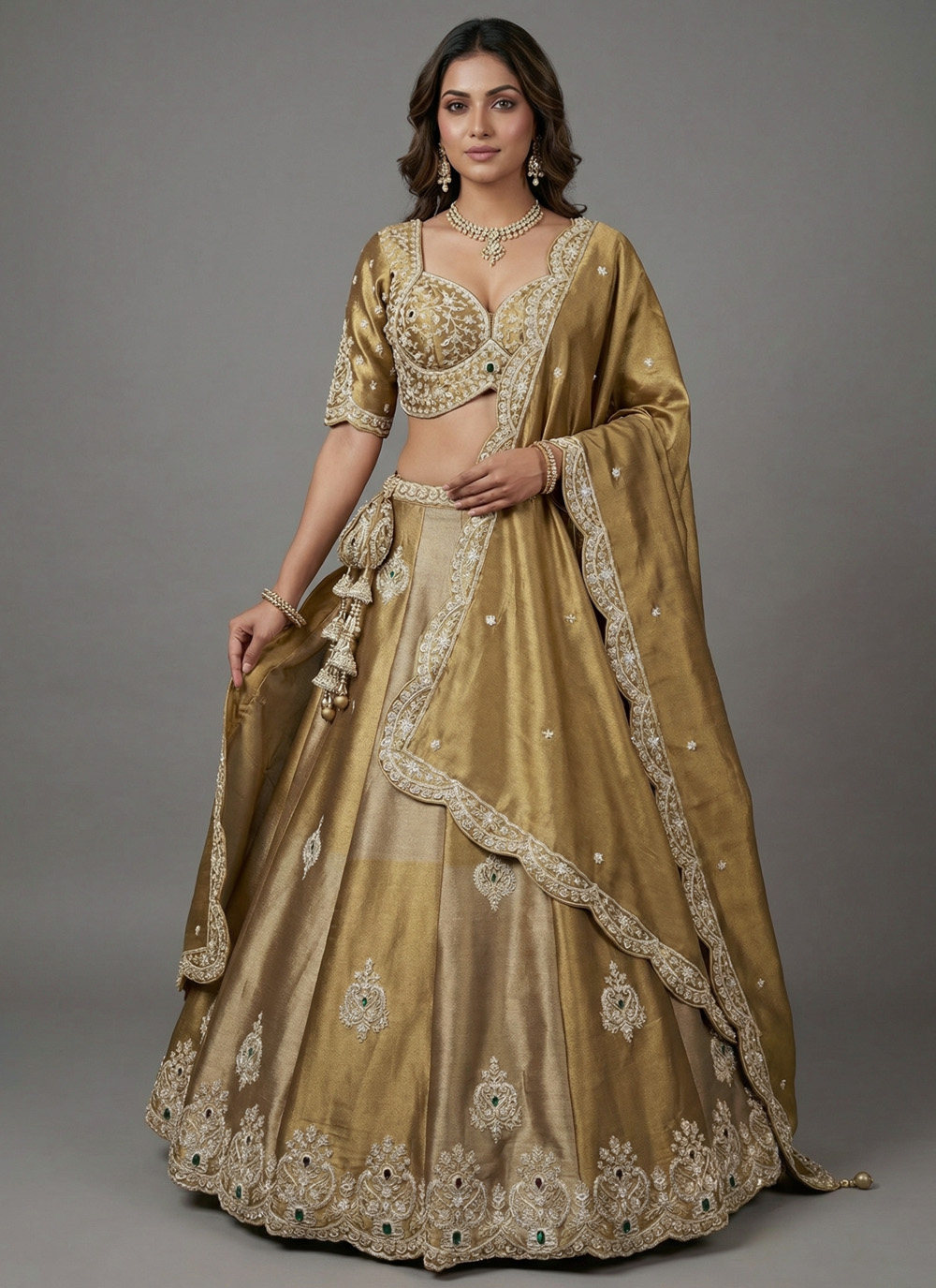 Gold Silk Tissue Embroidered Beads Work Lehenga Choli for Reception - Buy Online