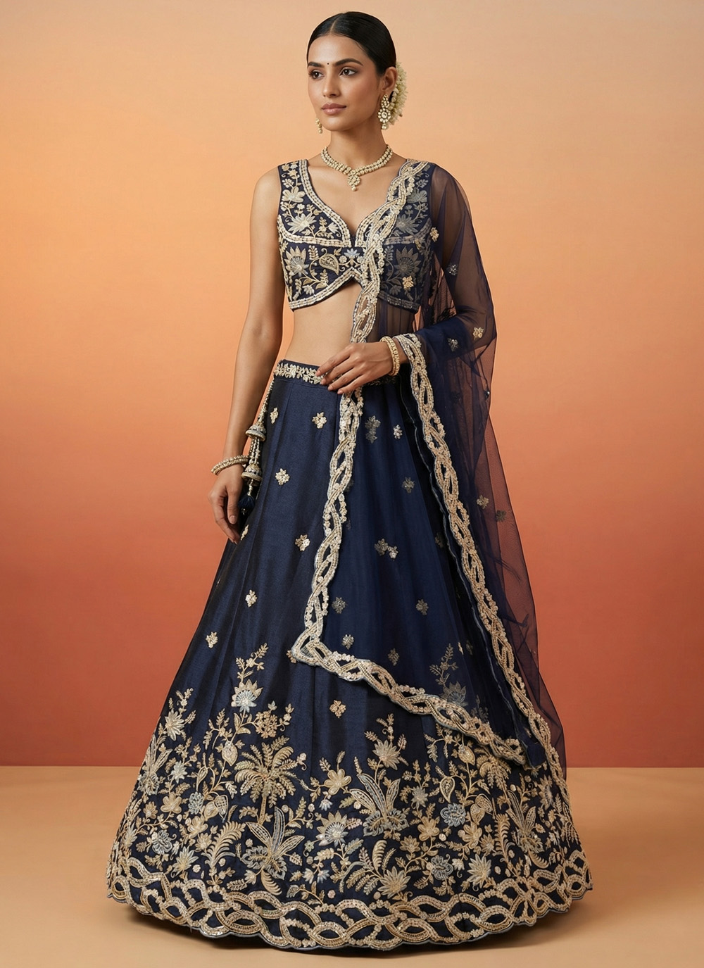 Blue Tissue Beads Embroidered Engagement Lehenga Choli - Buy Online