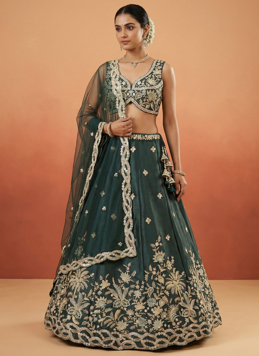 Tissue Embroidery Beads Work Green Wedding Function Lehenga Choli - Buy Online