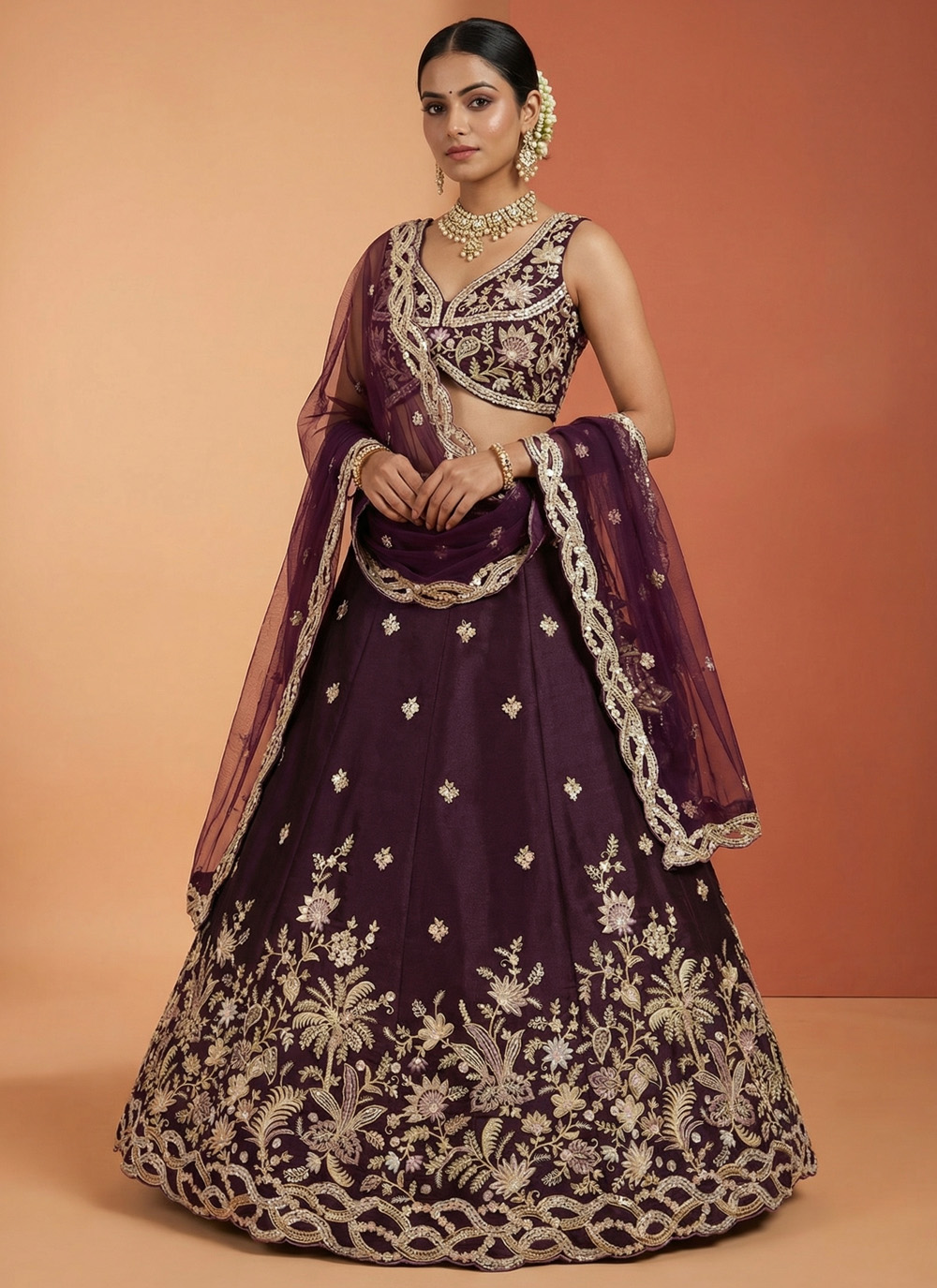 Wine Beads Embroidered Tissue Designer Bridesmaid Lehenga Choli - Buy Online