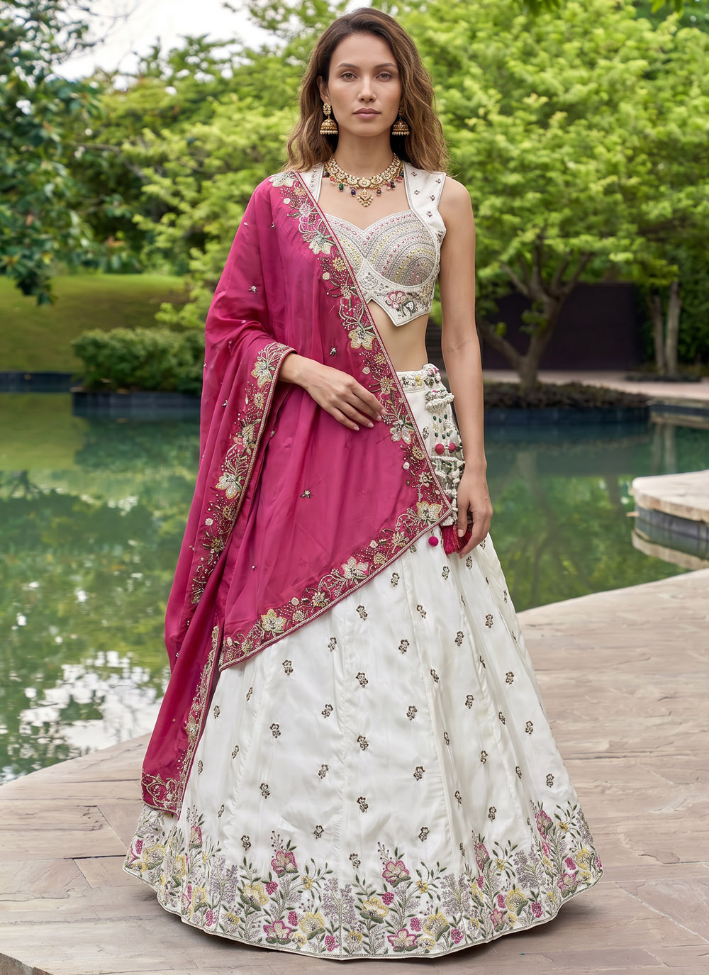 Chiffon Grey and Pink Embroidered Lehenga Choli for Engagement - Buy Online