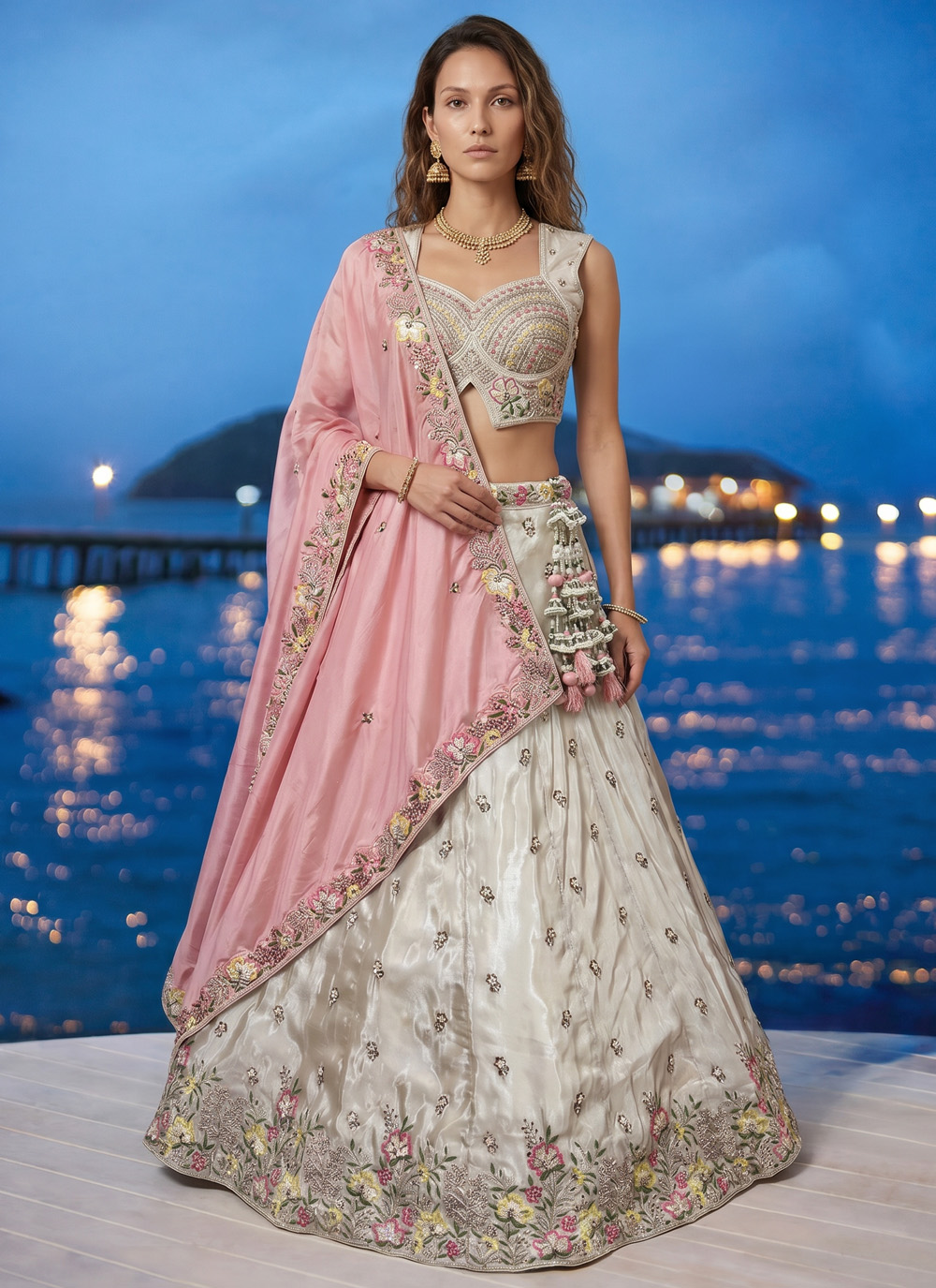 White Beads Embroidered Chiffon Wedding Lehenga Choli - Buy Online