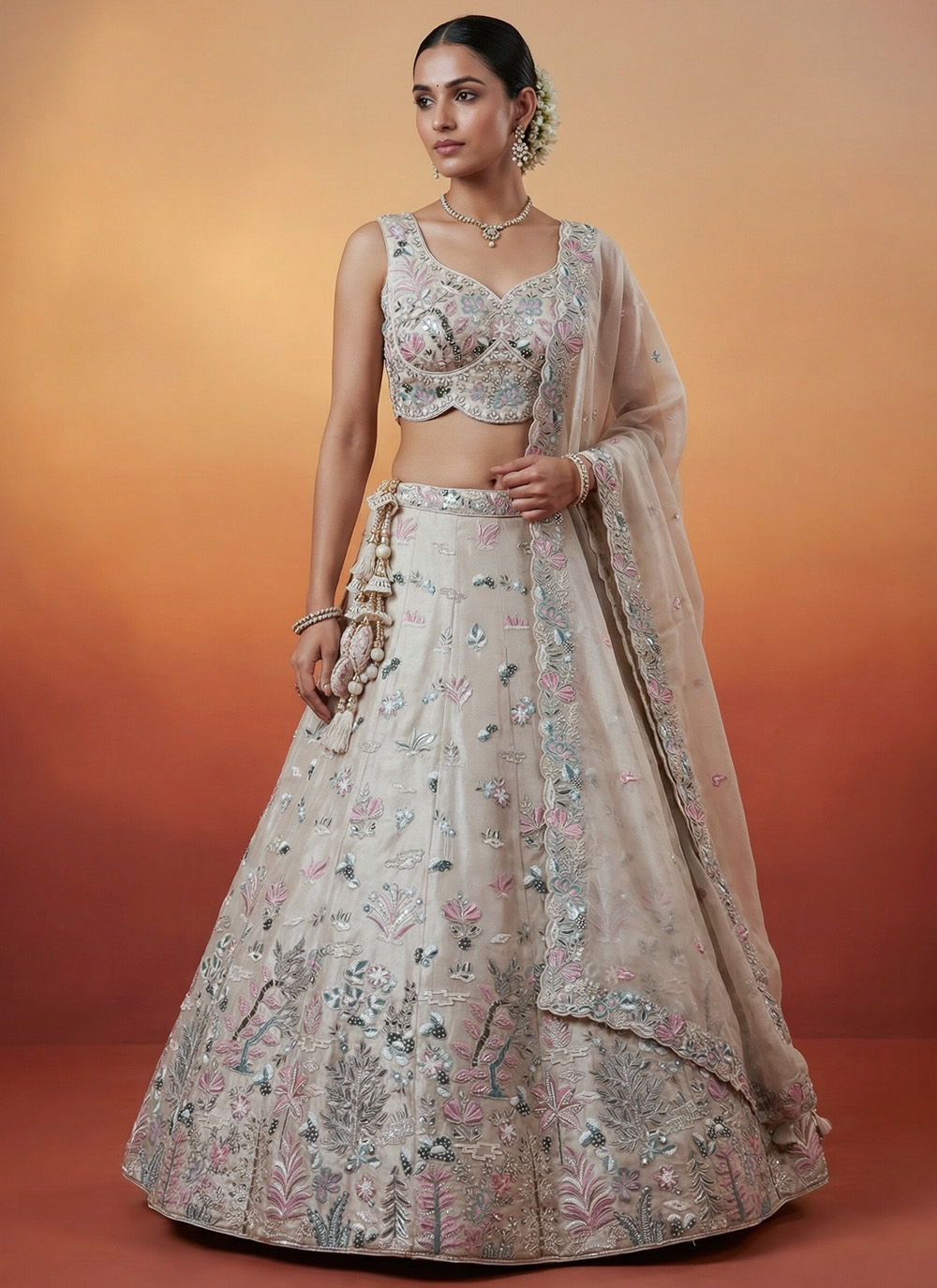 Grey Organza Embroidered Swarovski Work Lehenga Choli for Ceremonial - Buy Online