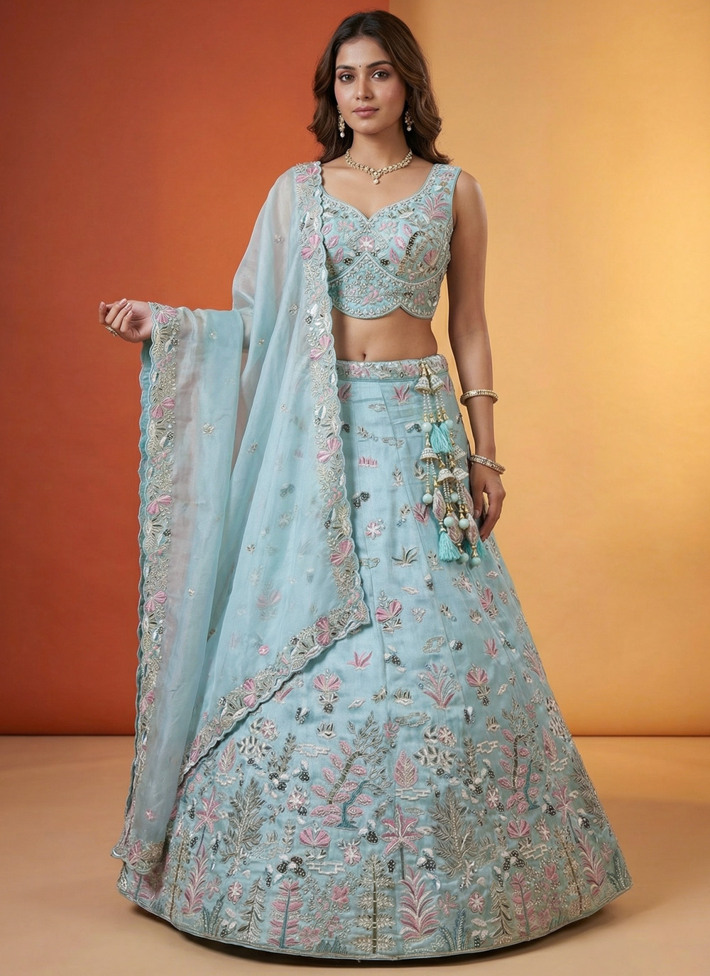 Aqua Blue Swarovski Embroidered Organza Lehenga Choli - Buy Online