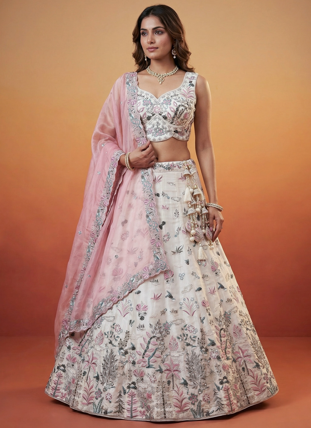 Organza Swarovski Embroidered Off White Designer Lehenga Choli - Buy Online