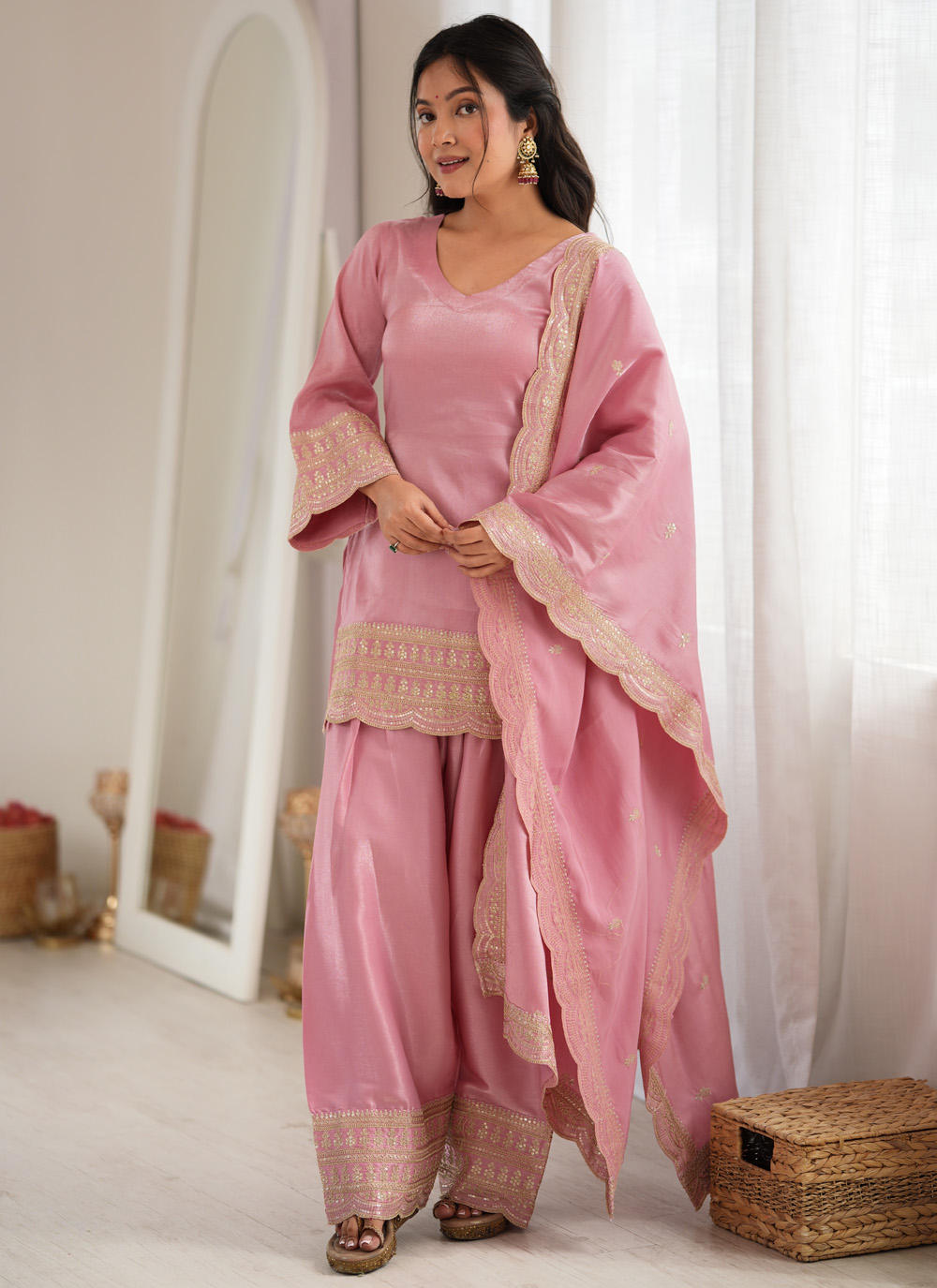 Pink Silk Sequins Zari Embroidered Readymade Salwar Suit - Buy Online