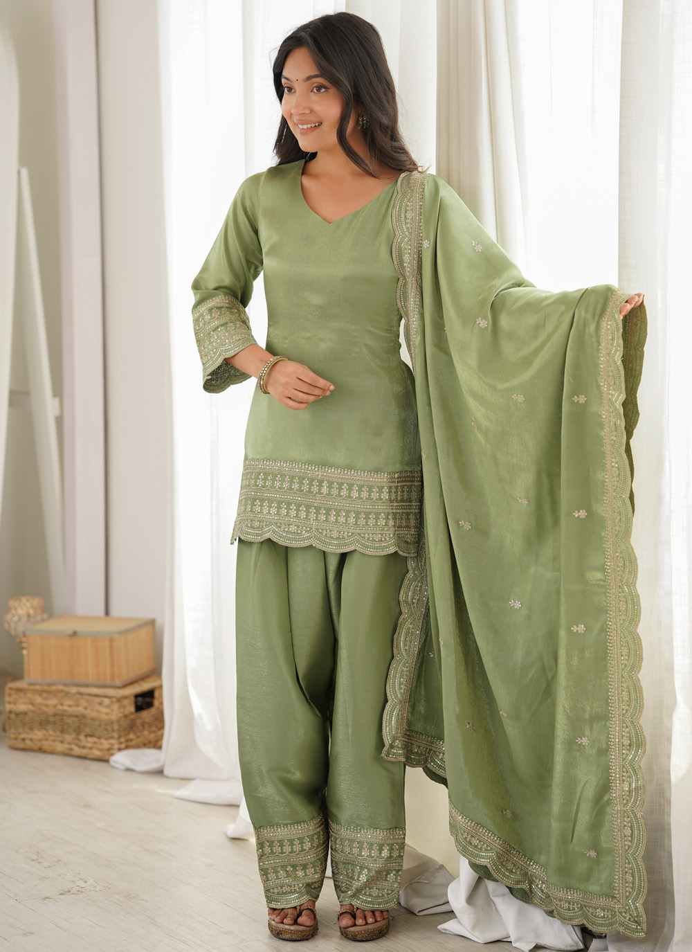 Silk Sequins Zari Embroidered Green Salwar Suit for Festival - Buy Online