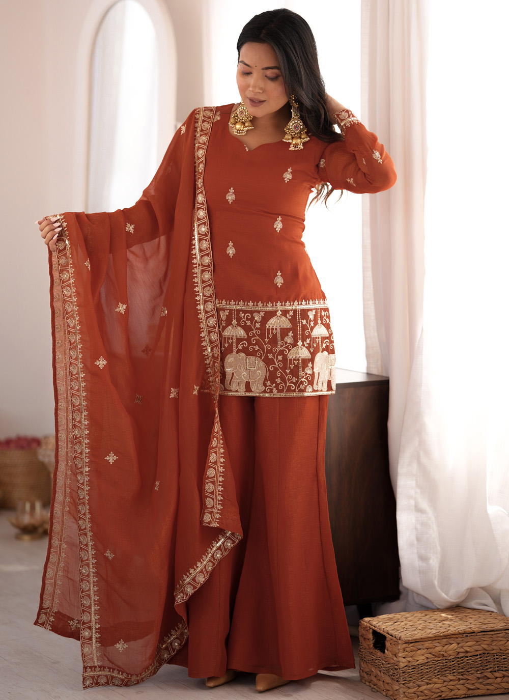 Rust Crunchy Silk Sequins Embroidered Designer Salwar Kameez - Buy Online