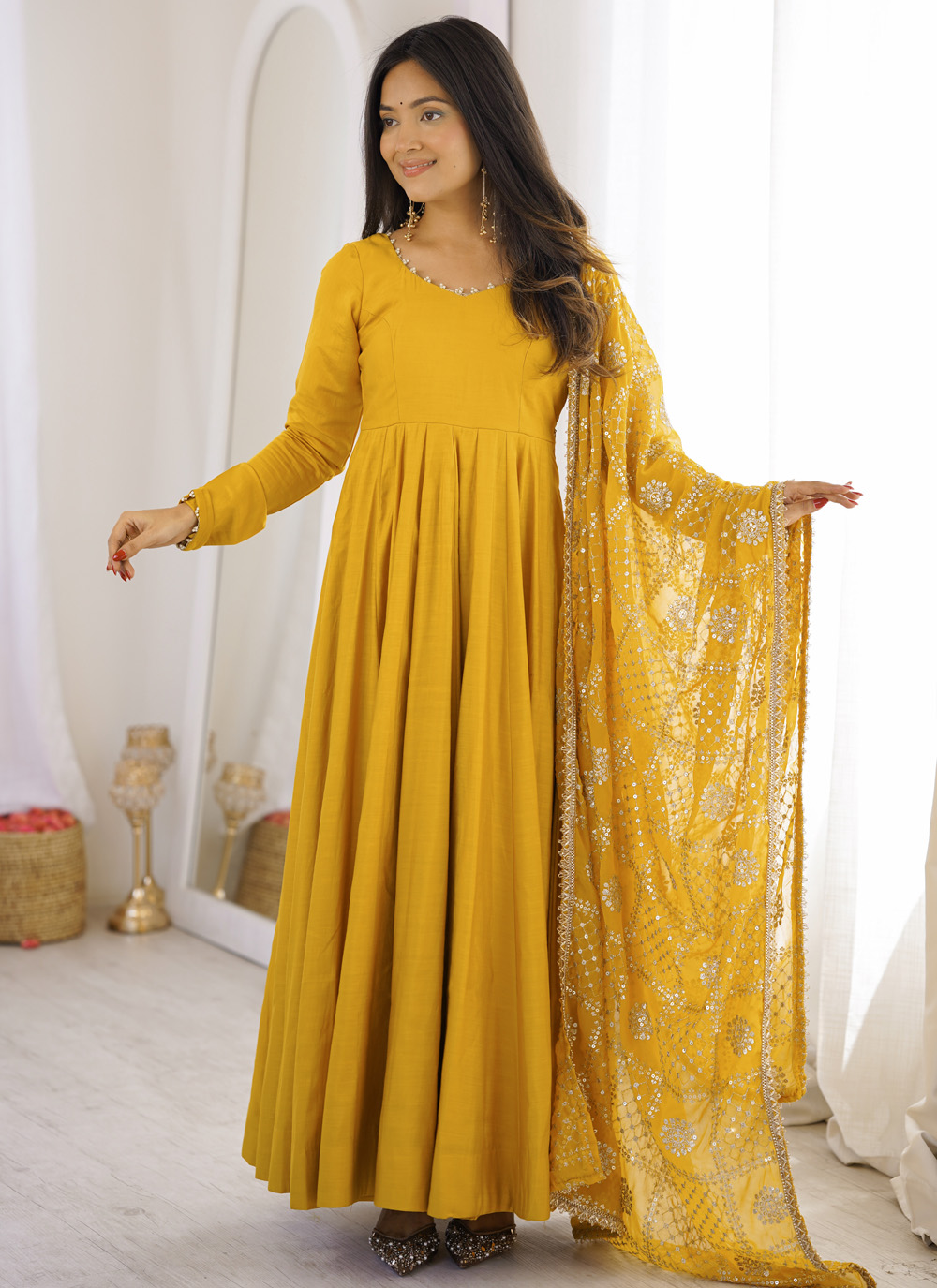 Silk Yellow Lace Work Anarkali Salwar Kameez for Ceremonial - Buy Online