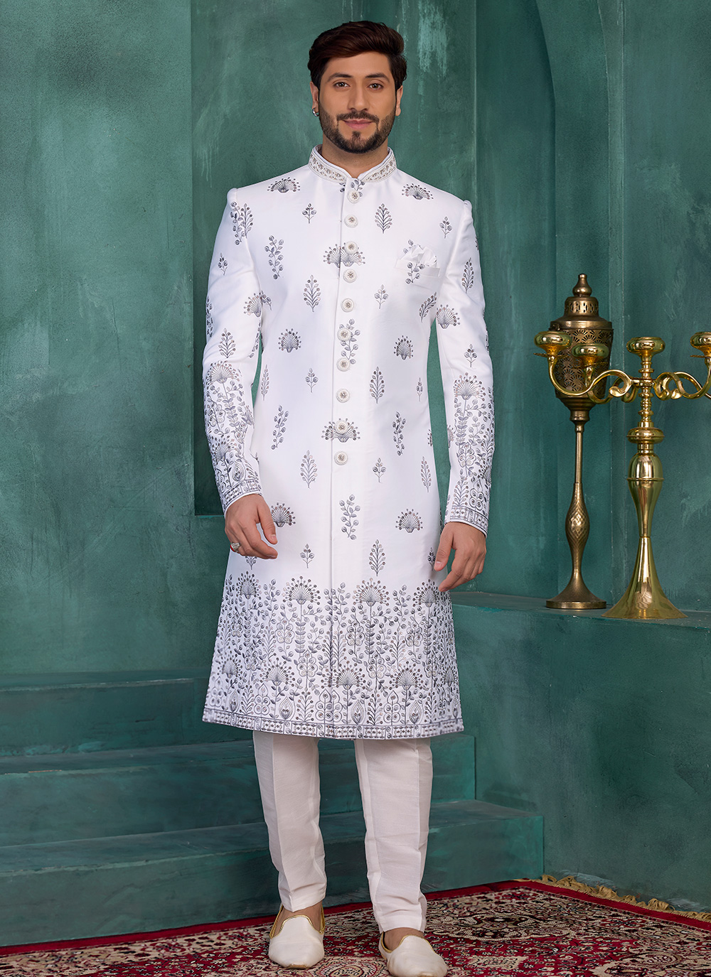 Off White Art Silk Thread Embroidered Engagement Sherwani - Buy Online