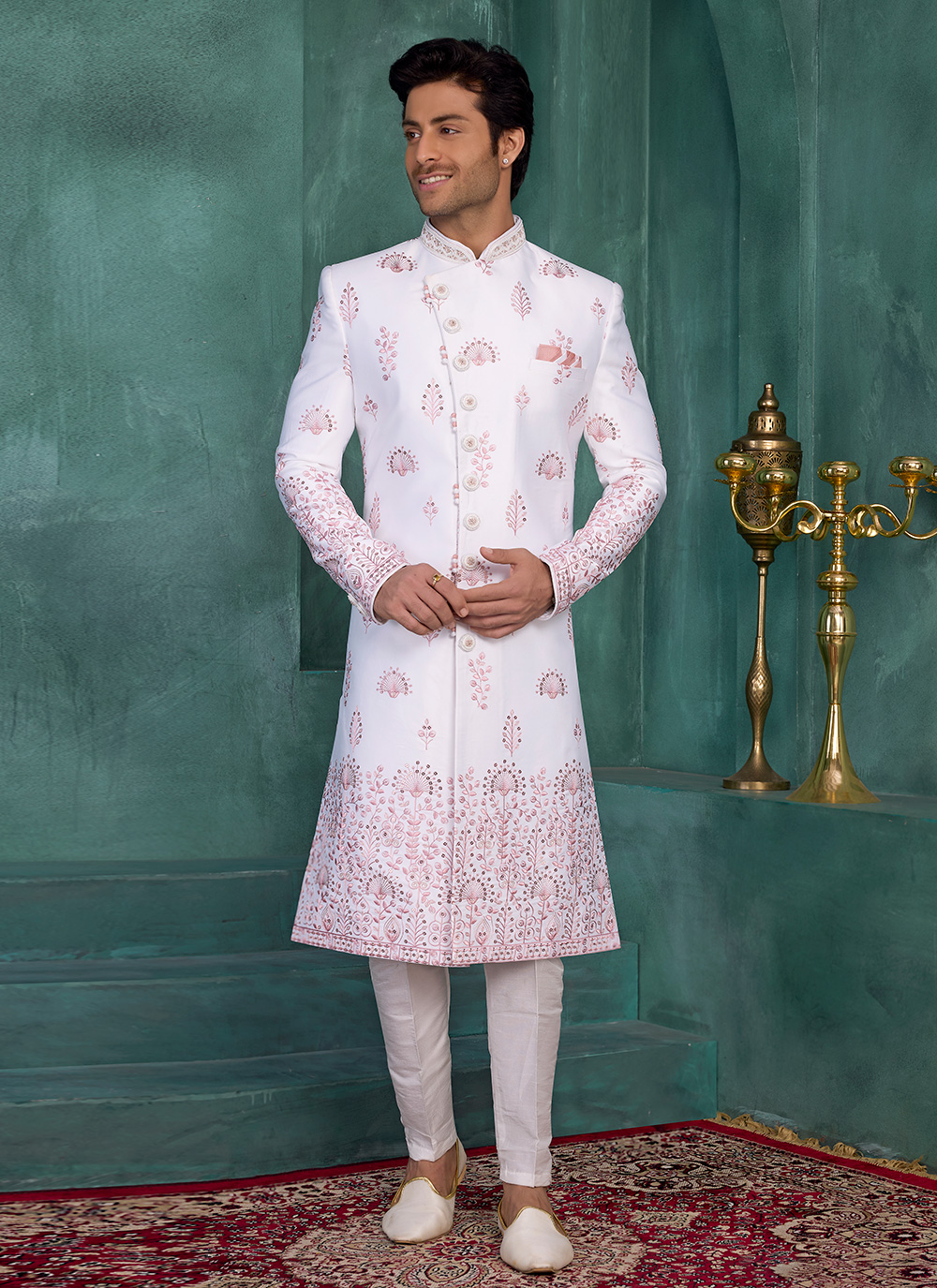 Off White Thread Machine Embroidered Art Silk Groom Sherwani - Buy Online