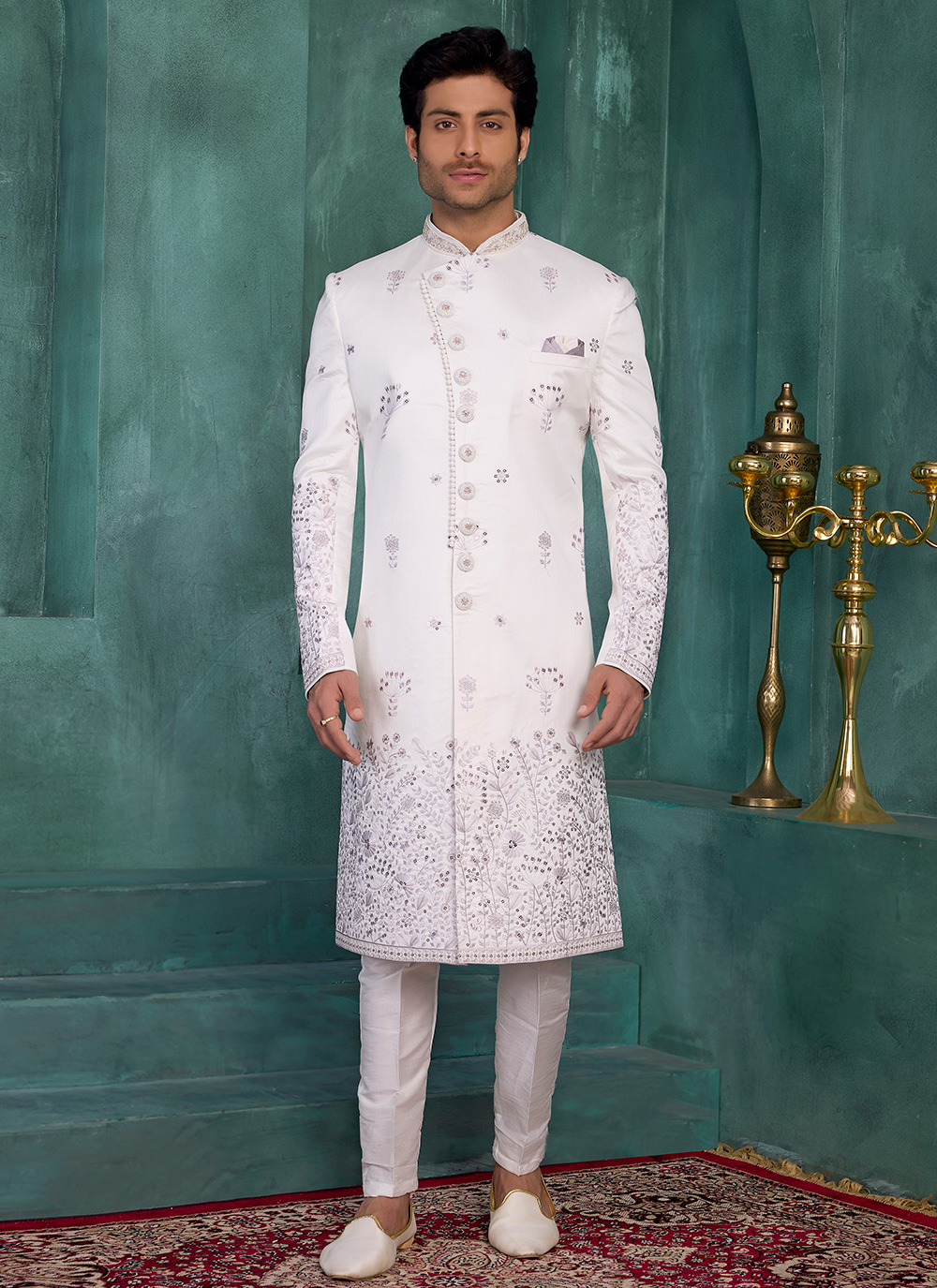 Art Silk Off White Machine Embroidered Sherwani for Wedding - Buy Online