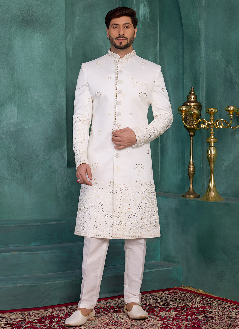 Art Silk Thread Embroidered Off White Sherwani Mens Wear - Buy Online