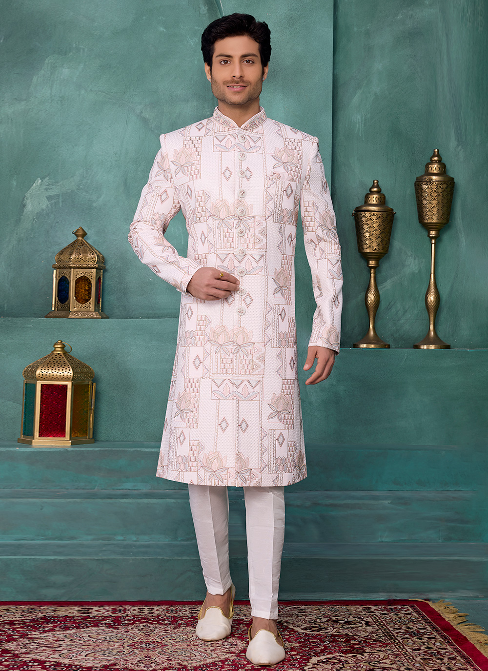 Cream Machine Thread Work Art Silk Sherwani for Reception - Buy Online