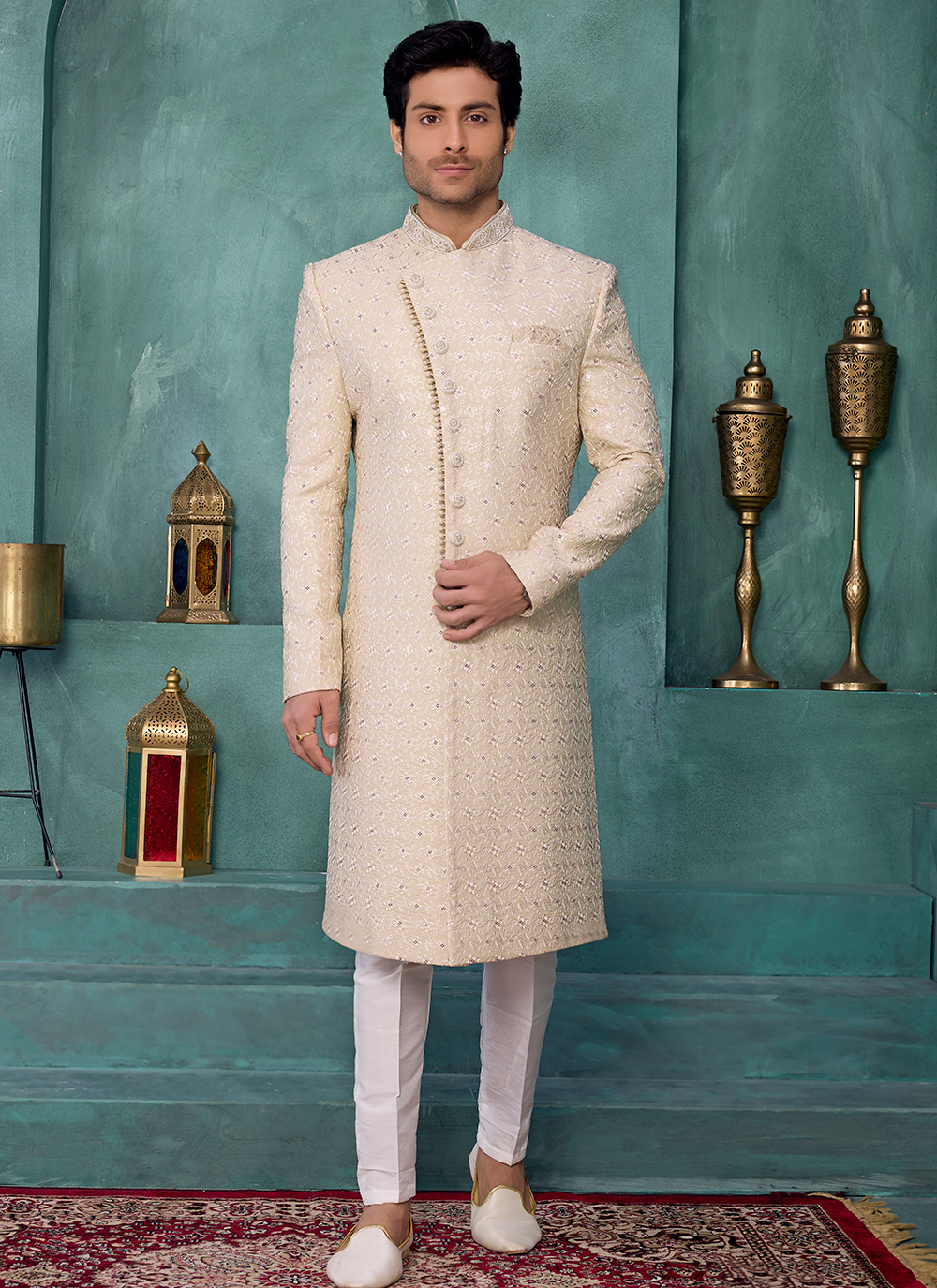 Beige Machine Thread Work Art Silk Wedding Sherwani for Men - Buy Online