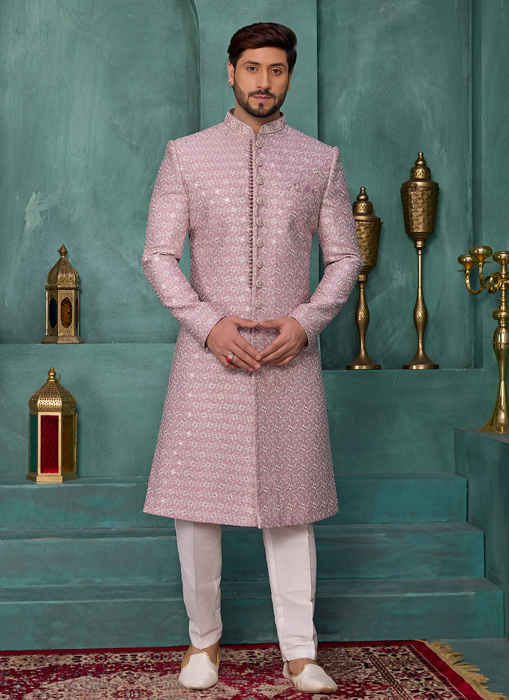 Machine Embroidery Art Silk Designer Sherwani in Pink - Buy Online