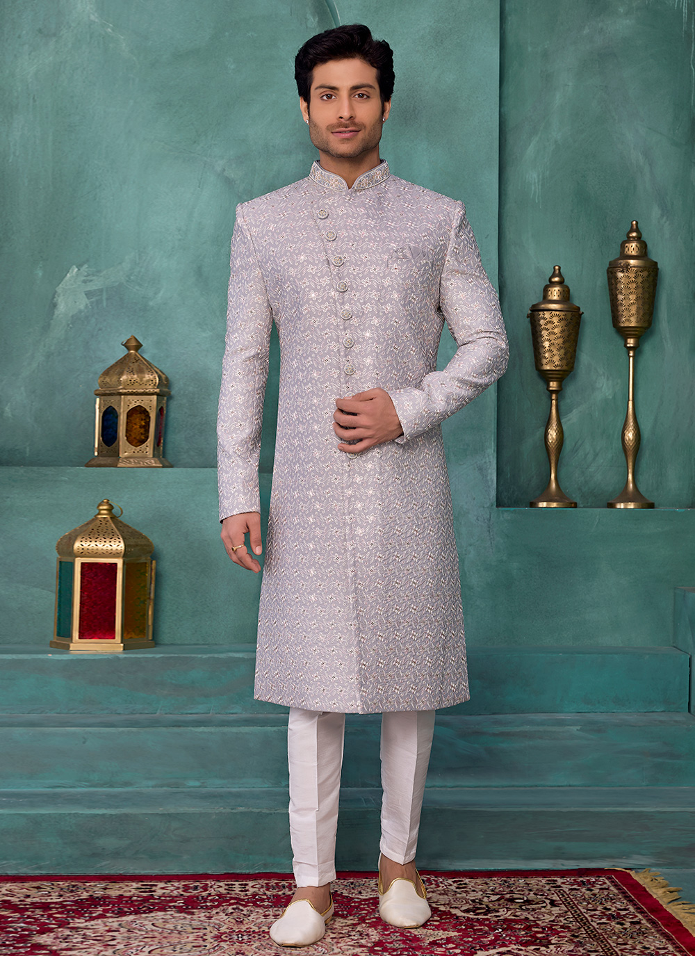 Grey Art Silk Thread Machine Embroidered Sherwani - Buy Online