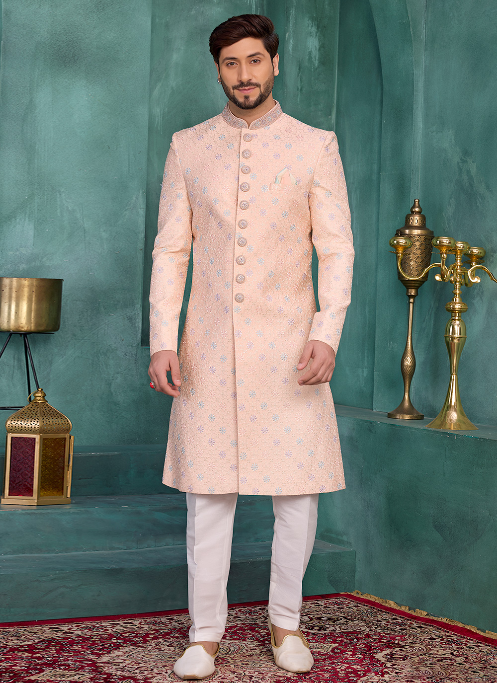 Peach Thread and Machine Embroidery Art Silk Wedding Sherwani - Buy Online