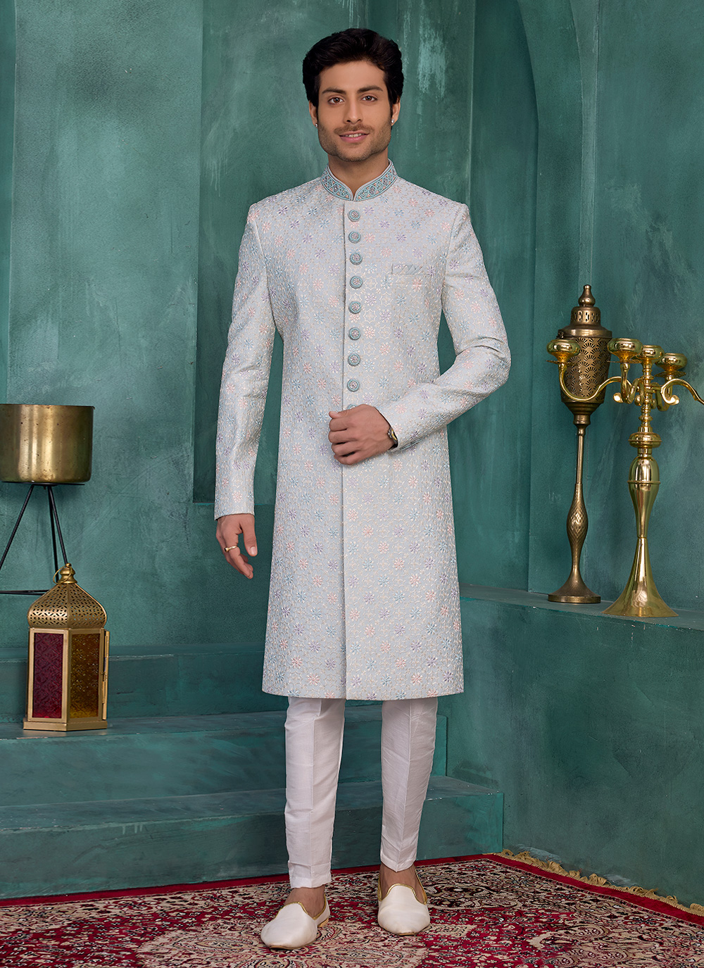 Art Silk Machine Embroidery Aqua Blue Sherwani for Engagement - Buy Online