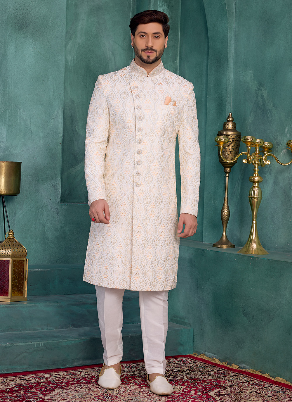 Cream Thread Work Reception Wear Art Silk Sherwani - Buy Online