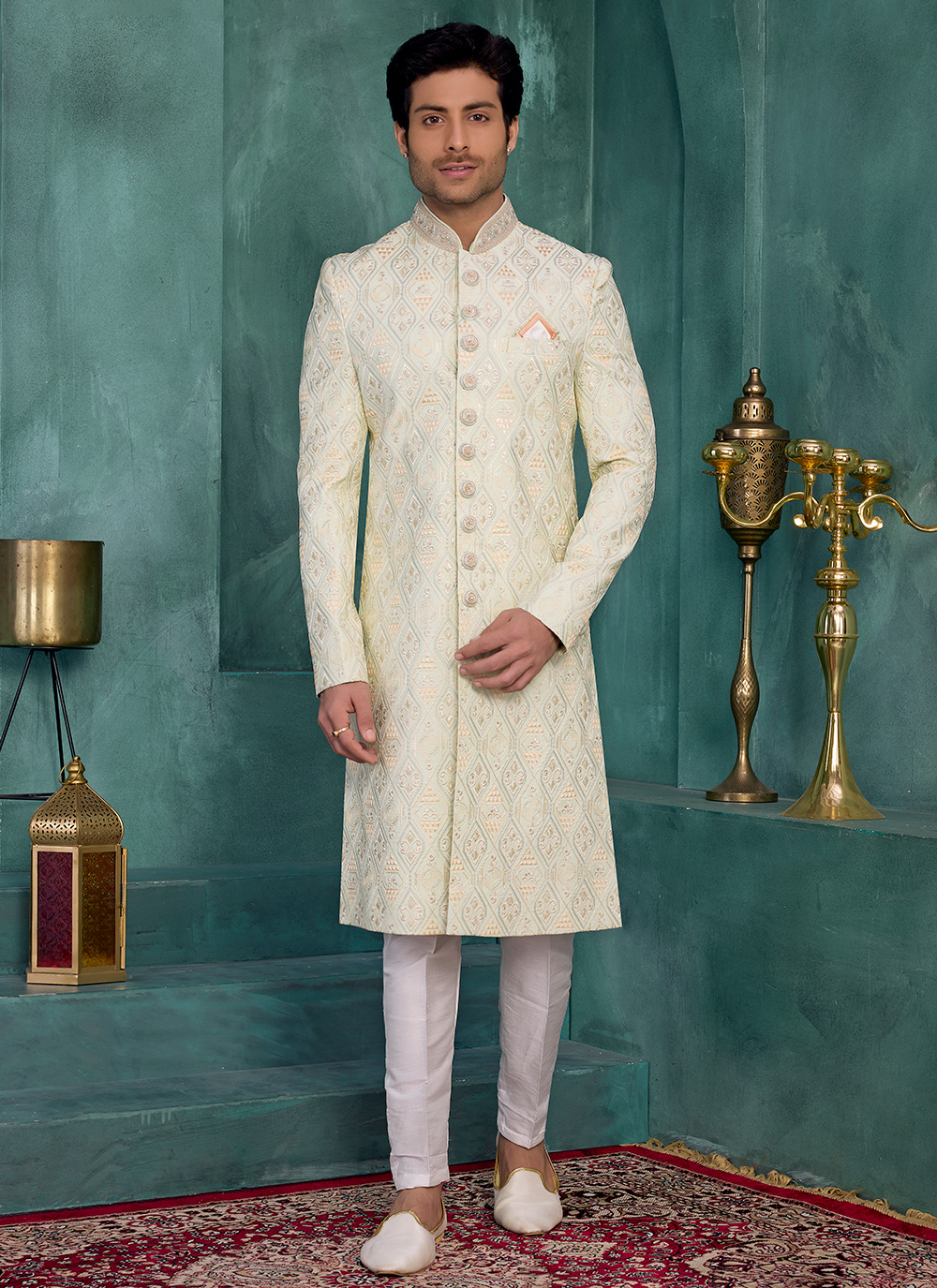 Art Silk Green Machine Embroidery Work Wedding Function Sherwani - Buy Online